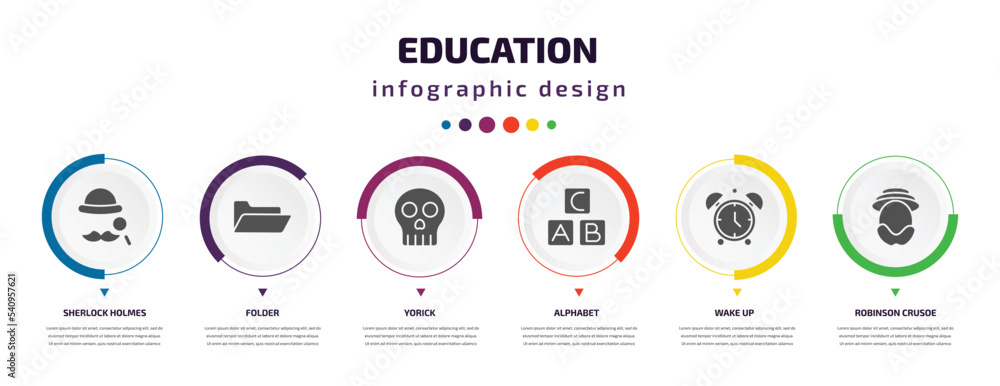 education infographic element with icons and 6 step or option. education icons such as sherlock holmes, folder, yorick, alphabet, wake up, robinson crusoe vector. can be used for banner, info graph, education infographic element with icons and 6 step or option. education icons such as sherlock holmes, folder, yorick, alphabet, wake up, robinson crusoe vector. can be used for banner, info graph,