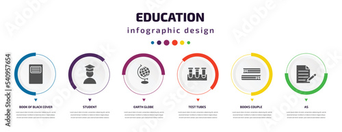 education infographic element with icons and 6 step or option. education icons such as book of black cover, student, earth globe, test tubes, books couple, as vector. can be used for banner, info