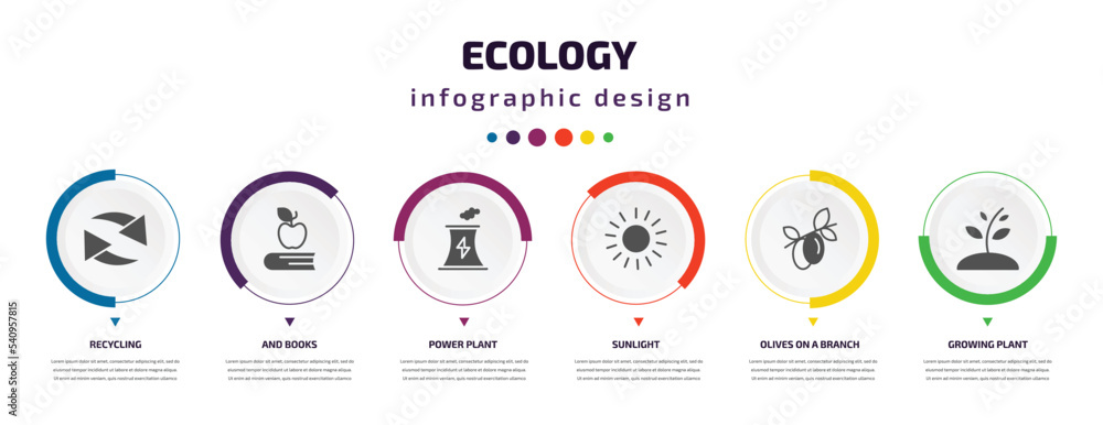ecology infographic element with icons and 6 step or option. ecology icons such as recycling, and books, power plant, sunlight, olives on a branch, growing plant vector. can be used for banner, info ecology infographic element with icons and 6 step or option. ecology icons such as recycling, and books, power plant, sunlight, olives on a branch, growing plant vector. can be used for banner, info
