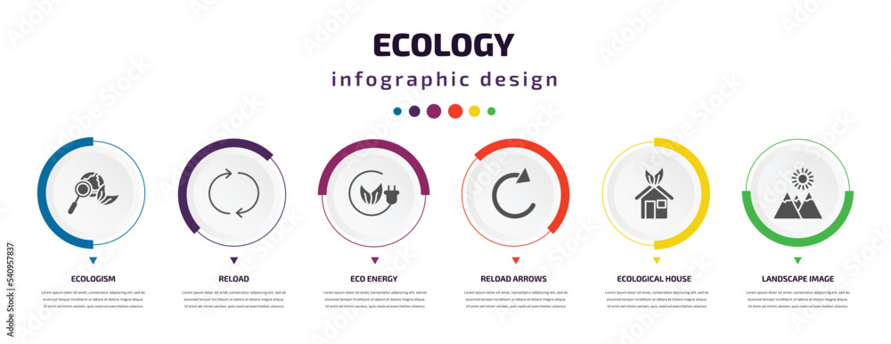 ecology infographic element with icons and 6 step or option. ecology icons such as ecologism, reload, eco energy, reload arrows, ecological house, landscape image vector. can be used for banner, ecology infographic element with icons and 6 step or option. ecology icons such as ecologism, reload, eco energy, reload arrows, ecological house, landscape image vector. can be used for banner,