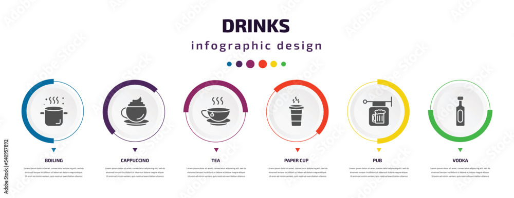 drinks infographic element with icons and 6 step or option. drinks icons such as boiling, cappuccino, tea, paper cup, pub, vodka vector. can be used for banner, info graph, web, presentations. drinks infographic element with icons and 6 step or option. drinks icons such as boiling, cappuccino, tea, paper cup, pub, vodka vector. can be used for banner, info graph, web, presentations.