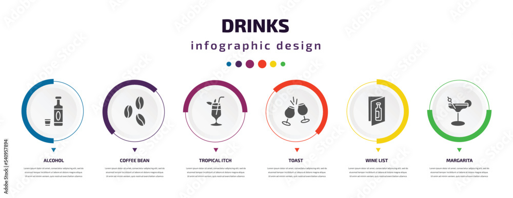 drinks infographic element with icons and 6 step or option. drinks icons such as alcohol, coffee bean, tropical itch, toast, wine list, margarita vector. can be used for banner, info graph, web, drinks infographic element with icons and 6 step or option. drinks icons such as alcohol, coffee bean, tropical itch, toast, wine list, margarita vector. can be used for banner, info graph, web,