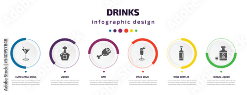 drinks infographic element with icons and 6 step or option. drinks icons such as manhattan drink, liquor, ham, pisco sour, wine bottles, herbal liquor vector. can be used for banner, info graph,