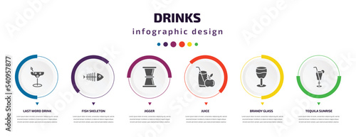 drinks infographic element with icons and 6 step or option. drinks icons such as last word drink, fish skeleton, jigger, juice, brandy glass, tequila sunrise vector. can be used for banner, info