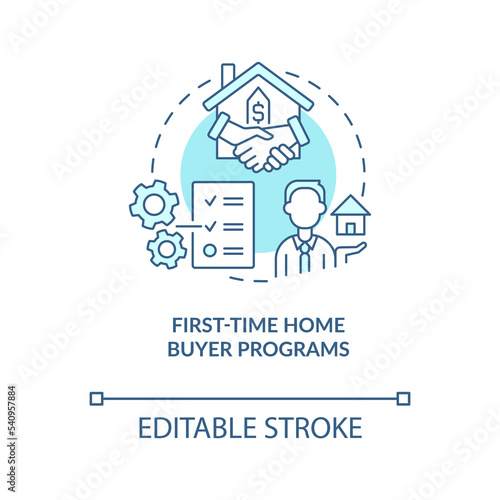 First time home buyer programs turquoise concept icon. Buy house. Real estate grants abstract idea thin line illustration. Isolated outline drawing. Editable stroke. Arial, Myriad Pro-Bold fonts used