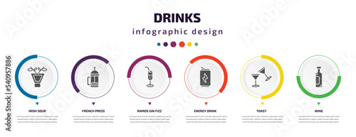 drinks infographic element with icons and 6 step or option. drinks icons such as irish sour, french press, ramos gin fizz, energy drink, toast, wine vector. can be used for banner, info graph, web,