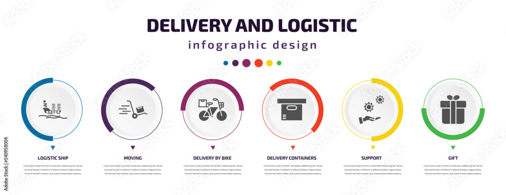delivery and logistic infographic element with icons and 6 step or option. delivery and logistic icons such as logistic ship, moving, delivery by bike, containers, support, gift vector. can be used delivery and logistic infographic element with icons and 6 step or option. delivery and logistic icons such as logistic ship, moving, delivery by bike, containers, support, gift vector. can be used
