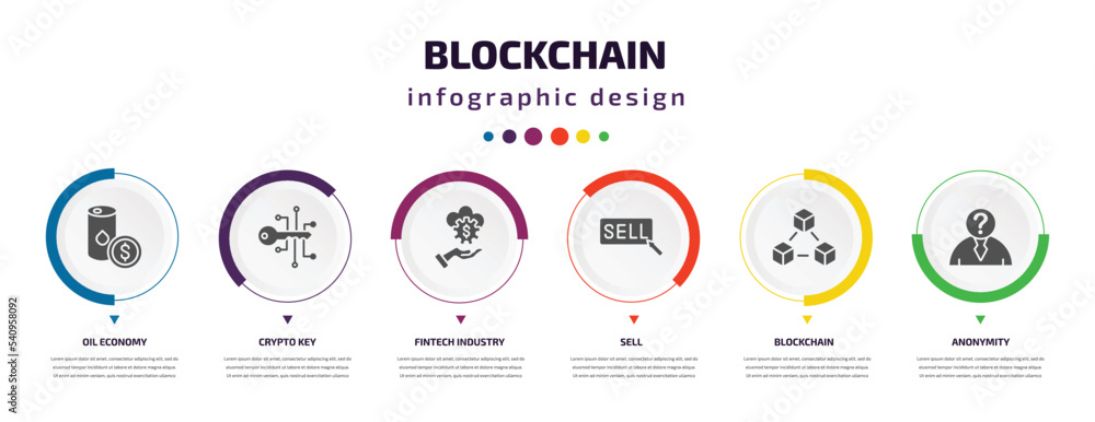blockchain infographic element with icons and 6 step or option. blockchain icons such as oil economy, crypto key, fintech industry, sell, blockchain, anonymity vector. can be used for banner, info blockchain infographic element with icons and 6 step or option. blockchain icons such as oil economy, crypto key, fintech industry, sell, blockchain, anonymity vector. can be used for banner, info