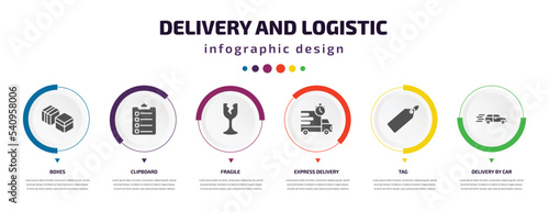 Wallpaper Mural delivery and logistic infographic element with icons and 6 step or option. delivery and logistic icons such as boxes, clipboard, fragile, express delivery, tag, by car vector. can be used for Torontodigital.ca
