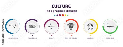 culture infographic element with icons and 6 step or option. culture icons such as native american canoe, steamed bread, calumet, chimp face of brazil, kokoshnik, pipe of peace vector. can be used