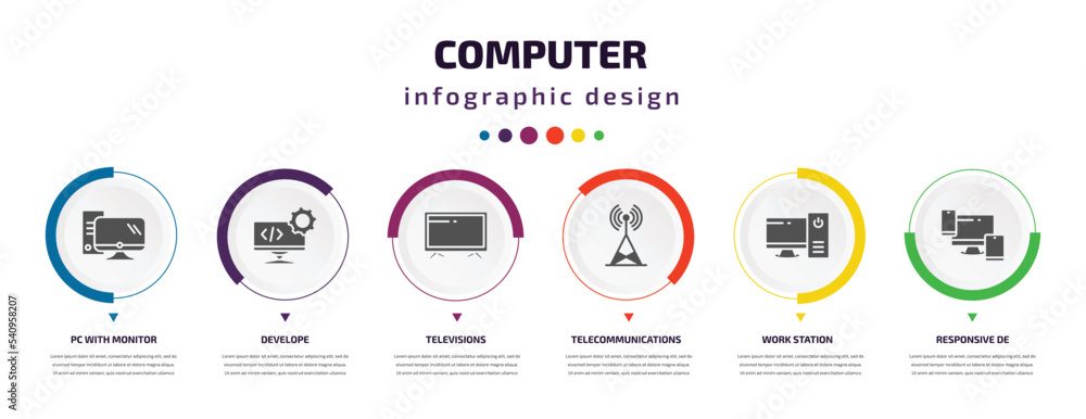 computer infographic element with icons and 6 step or option. computer icons such as pc with monitor, develope, televisions, telecommunications, work station, responsive de vector. can be used for computer infographic element with icons and 6 step or option. computer icons such as pc with monitor, develope, televisions, telecommunications, work station, responsive de vector. can be used for