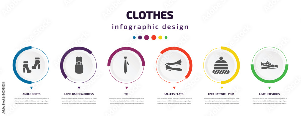 clothes infographic element with icons and 6 step or option. clothes icons such as ankle boots, long bandeau dress, tie, ballets flats, knit hat with pom pom, leather shoes vector. can be used for clothes infographic element with icons and 6 step or option. clothes icons such as ankle boots, long bandeau dress, tie, ballets flats, knit hat with pom pom, leather shoes vector. can be used for