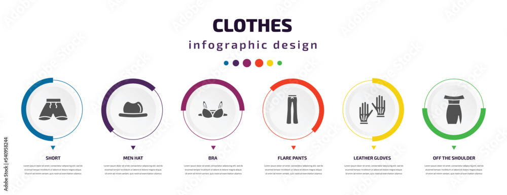 clothes infographic element with icons and 6 step or option. clothes icons such as short, men hat, bra, flare pants, leather gloves, off the shoulder dress vector. can be used for banner, info clothes infographic element with icons and 6 step or option. clothes icons such as short, men hat, bra, flare pants, leather gloves, off the shoulder dress vector. can be used for banner, info