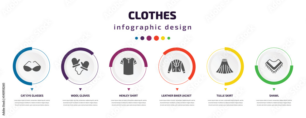 clothes infographic element with icons and 6 step or option. clothes icons such as cat eye glasses, wool gloves, henley shirt, leather biker jacket, tulle skirt, shawl vector. can be used for clothes infographic element with icons and 6 step or option. clothes icons such as cat eye glasses, wool gloves, henley shirt, leather biker jacket, tulle skirt, shawl vector. can be used for