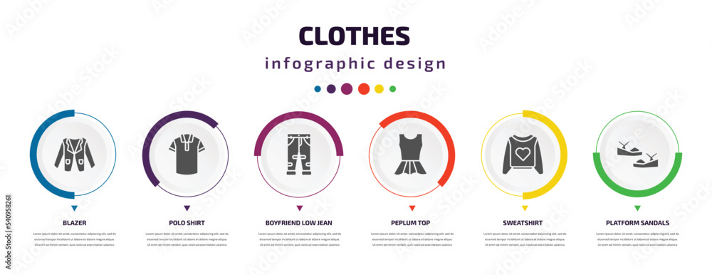 clothes infographic element with icons and 6 step or option. clothes icons such as blazer, polo shirt, boyfriend low jean, peplum top, sweatshirt, platform sandals vector. can be used for banner, clothes infographic element with icons and 6 step or option. clothes icons such as blazer, polo shirt, boyfriend low jean, peplum top, sweatshirt, platform sandals vector. can be used for banner,