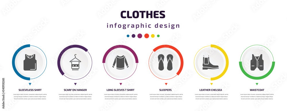 clothes infographic element with icons and 6 step or option. clothes icons such as sleeveless shirt, scarf on hanger, long sleeves t shirt, sleepers, leather chelsea boots, waistcoat vector. can be clothes infographic element with icons and 6 step or option. clothes icons such as sleeveless shirt, scarf on hanger, long sleeves t shirt, sleepers, leather chelsea boots, waistcoat vector. can be