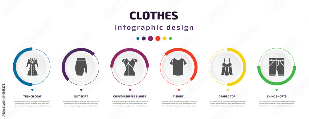 clothes infographic element with icons and 6 step or option. clothes icons such as trench coat, slit skirt, chiffon suffle blouse, t-shirt, draped top, chino shorts vector. can be used for banner, clothes infographic element with icons and 6 step or option. clothes icons such as trench coat, slit skirt, chiffon suffle blouse, t-shirt, draped top, chino shorts vector. can be used for banner,