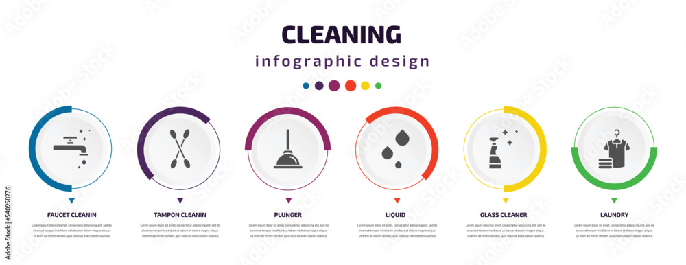 cleaning infographic element with icons and 6 step or option. cleaning icons such as faucet cleanin, tampon cleanin, plunger, liquid, glass cleaner, laundry vector. can be used for banner, info cleaning infographic element with icons and 6 step or option. cleaning icons such as faucet cleanin, tampon cleanin, plunger, liquid, glass cleaner, laundry vector. can be used for banner, info