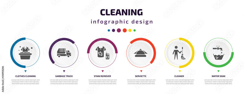 cleaning infographic element with icons and 6 step or option. cleaning icons such as clothes cleaning, garbage truck, stain remover, serviette, cleaner, water soak vector. can be used for banner, cleaning infographic element with icons and 6 step or option. cleaning icons such as clothes cleaning, garbage truck, stain remover, serviette, cleaner, water soak vector. can be used for banner,