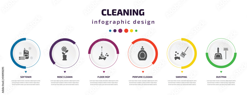 cleaning infographic element with icons and 6 step or option. cleaning icons such as softener, rose cleanin, floor mop, perfume cleanin, sweeping, dustpan vector. can be used for banner, info graph, cleaning infographic element with icons and 6 step or option. cleaning icons such as softener, rose cleanin, floor mop, perfume cleanin, sweeping, dustpan vector. can be used for banner, info graph,