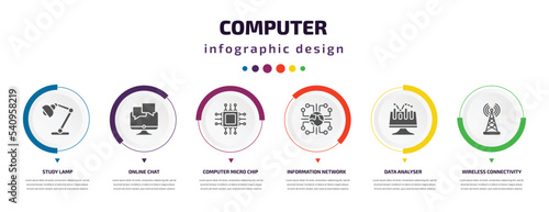 computer infographic element with icons and 6 step or option. computer icons such as study lamp, online chat, computer micro chip, information network, data analyser, wireless connectivity vector.
