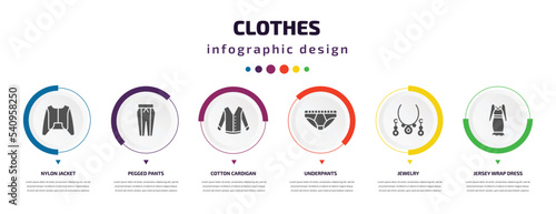 clothes infographic element with icons and 6 step or option. clothes icons such as nylon jacket, pegged pants, cotton cardigan, underpants, jewelry, jersey wrap dress vector. can be used for banner,