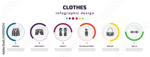 clothes infographic element with icons and 6 step or option. clothes icons such as cardigan, denim shorts, sandals, one shoulder dress, hobo bag, bow tie vector. can be used for banner, info graph,