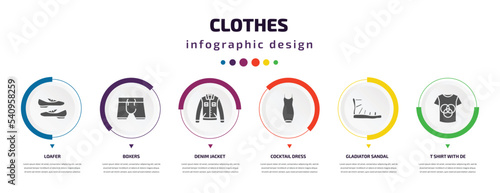 clothes infographic element with icons and 6 step or option. clothes icons such as loafer, boxers, denim jacket, cocktail dress, gladiator sandal, t shirt with de vector. can be used for banner,