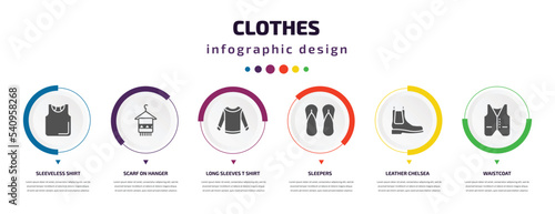 clothes infographic element with icons and 6 step or option. clothes icons such as sleeveless shirt, scarf on hanger, long sleeves t shirt, sleepers, leather chelsea boots, waistcoat vector. can be