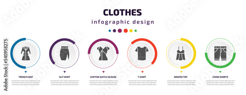 clothes infographic element with icons and 6 step or option. clothes icons such as trench coat, slit skirt, chiffon suffle blouse, t-shirt, draped top, chino shorts vector. can be used for banner,