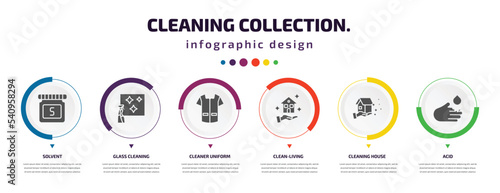 cleaning collection. infographic element with icons and 6 step or option. cleaning collection. icons such as solvent, glass cleaning, cleaner uniform, clean-living, house, acid vector. can be used