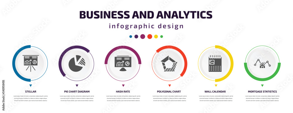 business and analytics infographic element with icons and 6 step or option. business and analytics icons such as stellar, pie chart diagram, hash rate, polygonal chart, wall calendar, mortgage business and analytics infographic element with icons and 6 step or option. business and analytics icons such as stellar, pie chart diagram, hash rate, polygonal chart, wall calendar, mortgage