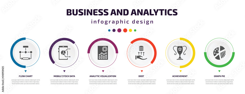 business and analytics infographic element with icons and 6 step or option. business and analytics icons such as flow chart, mobile stock data, analytic visualization, debt, achievement, graph pie business and analytics infographic element with icons and 6 step or option. business and analytics icons such as flow chart, mobile stock data, analytic visualization, debt, achievement, graph pie