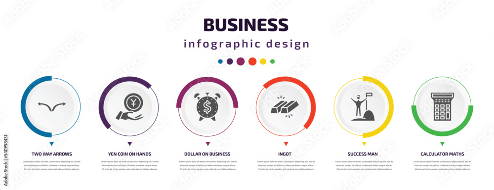 business infographic element with icons and 6 step or option. business icons such as two way arrows, yen coin on hands, dollar on business time, ingot, success man, calculator maths tool vector. can business infographic element with icons and 6 step or option. business icons such as two way arrows, yen coin on hands, dollar on business time, ingot, success man, calculator maths tool vector. can