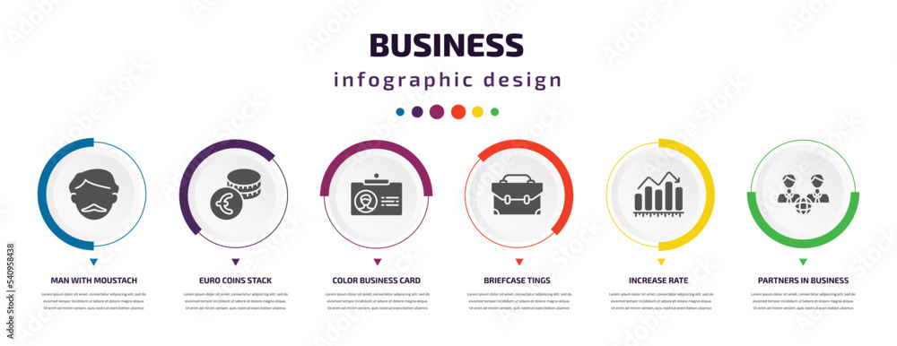 business infographic element with icons and 6 step or option. business icons such as man with moustach, euro coins stack, color business card, briefcase tings, increase rate, partners in vector. can business infographic element with icons and 6 step or option. business icons such as man with moustach, euro coins stack, color business card, briefcase tings, increase rate, partners in vector. can