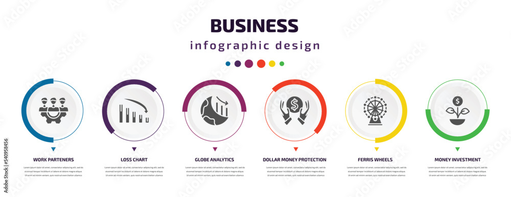 business infographic element with icons and 6 step or option. business icons such as work parteners, loss chart, globe analytics, dollar money protection, ferris wheels, money investment vector. can business infographic element with icons and 6 step or option. business icons such as work parteners, loss chart, globe analytics, dollar money protection, ferris wheels, money investment vector. can