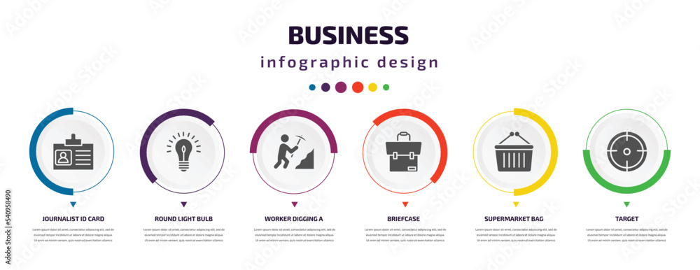 business infographic element with icons and 6 step or option. business icons such as journalist id card, round light bulb, worker digging a hole, briefcase, supermarket bag, target vector. can be business infographic element with icons and 6 step or option. business icons such as journalist id card, round light bulb, worker digging a hole, briefcase, supermarket bag, target vector. can be