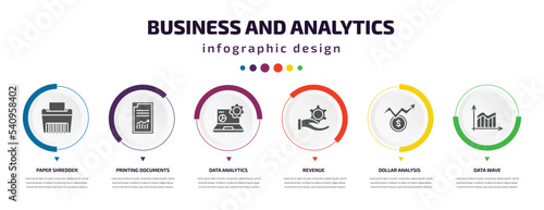 business and analytics infographic element with icons and 6 step or option. business and analytics icons such as paper shredder, printing documents, data analytics, revenue, dollar analysis bars,