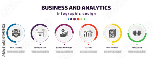 business and analytics infographic element with icons and 6 step or option. business and analytics icons such as email analytics, connected data, businessman analysis, bar stats, print document,