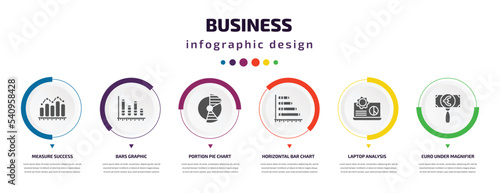 business infographic element with icons and 6 step or option. business icons such as measure success, bars graphic, portion pie chart, horizontal bar chart, laptop analysis, euro under magnifier