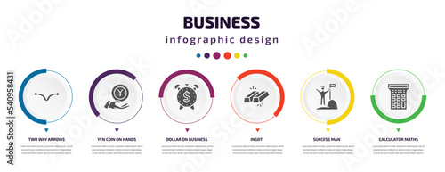 business infographic element with icons and 6 step or option. business icons such as two way arrows, yen coin on hands, dollar on business time, ingot, success man, calculator maths tool vector. can