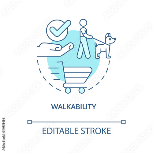 Walkability turquoise concept icon. New property. Best neighborhoods advantage abstract idea thin line illustration. Isolated outline drawing. Editable stroke. Arial, Myriad Pro-Bold fonts used