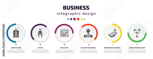 business infographic element with icons and 6 step or option. business icons such as identity card, sitting, maze game, man with solutions, professional advance, connection box chart vector. can be