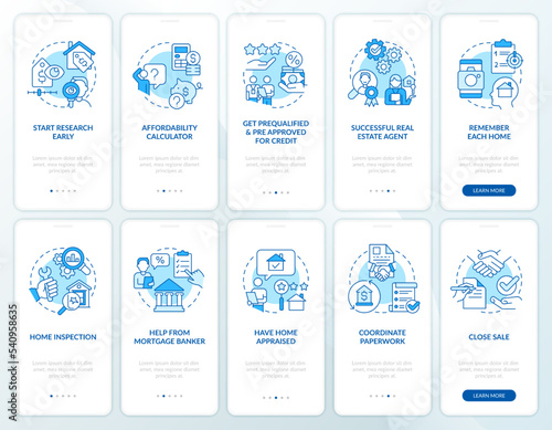 Buying house blue onboarding mobile app screen set. Property purchase walkthrough 5 steps editable graphic instructions with linear concepts. UI, UX, GUI template. Myriad Pro-Bold, Regular fonts used