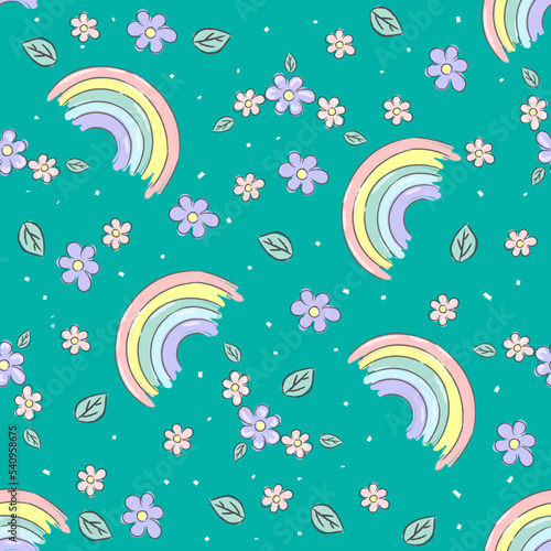 Cute seamless vector pattern with hand drawn rainbows and flowers. Trendy baby texture for fabric textile wallpaper, wrapping