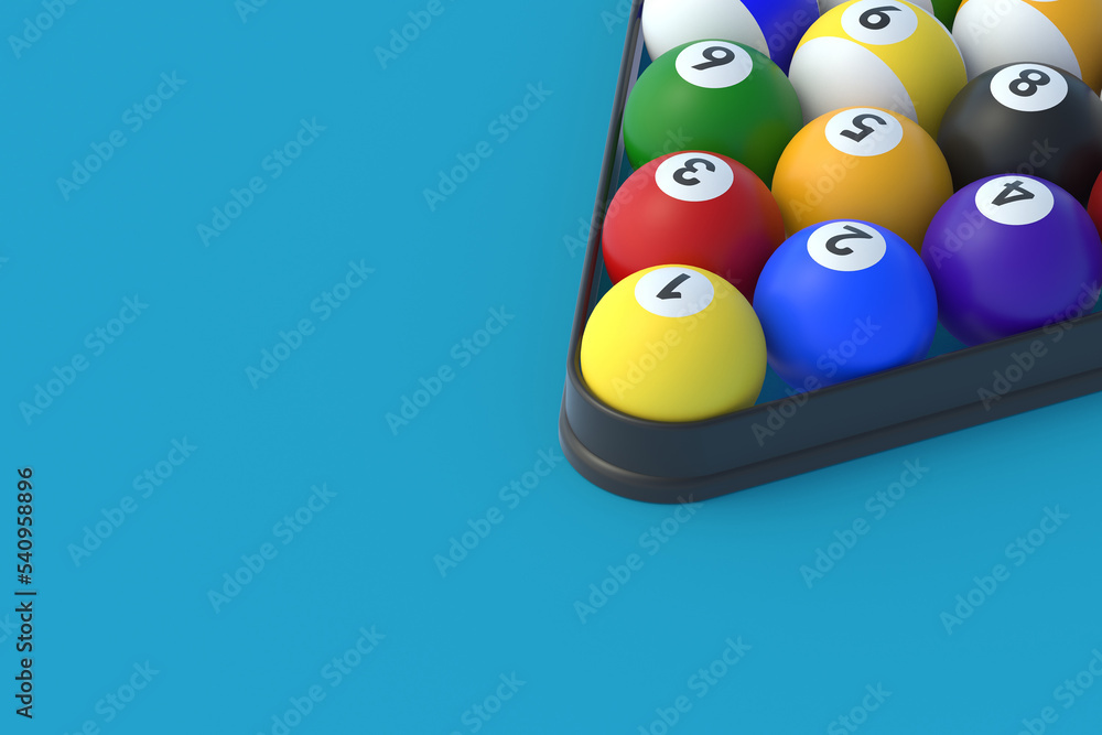 Billiard balls in plastic triangle. Game for leisure. Sports equipment. Copy space. 3d render