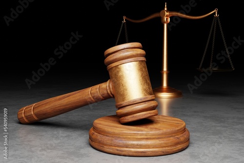 Judge's wooden gavel with golden balance. 3D illustration