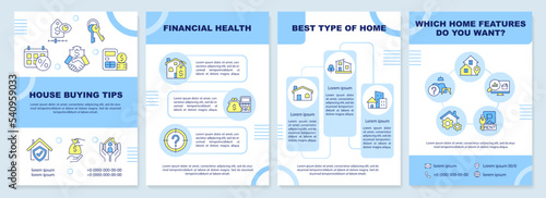 House buying tips blue brochure template. Real estate broker. Leaflet design with linear icons. Editable 4 vector layouts for presentation, annual reports. Arial-Black, Myriad Pro-Regular fonts used
