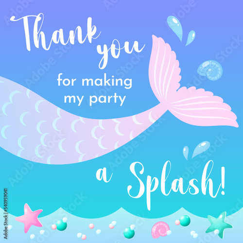Birthday Thank you tag. Cute party favor card background decorated with of mermaid tail. Vector 10 EPS.