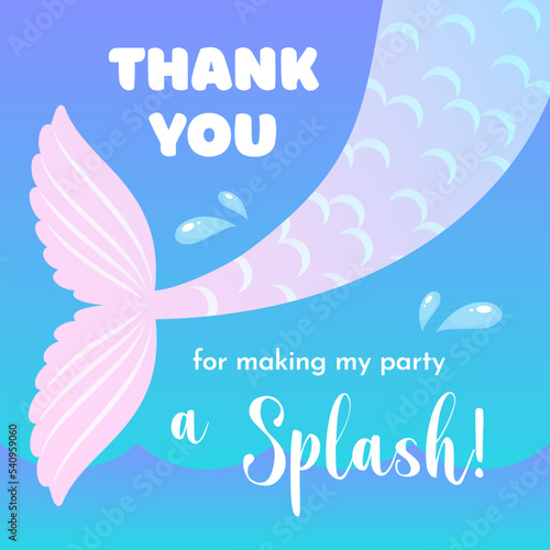 Birthday Thank you tag. Cute party favor card background decorated with of mermaid tail. Vector 10 EPS.